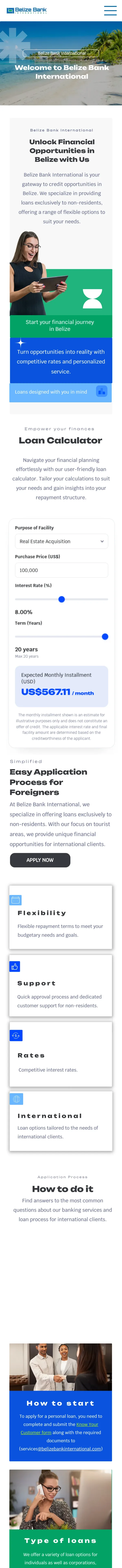 Sitio de Belize Bank International en un teléfono