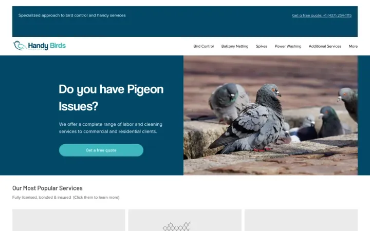 Sitio de Handy Bird Services en una laptop