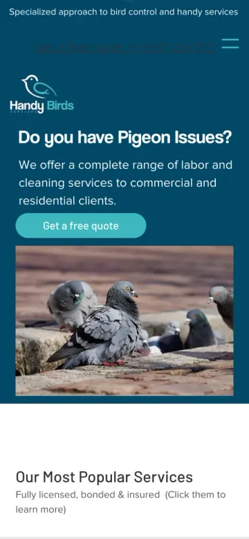 Sitio de Handy Bird Services en un teléfono